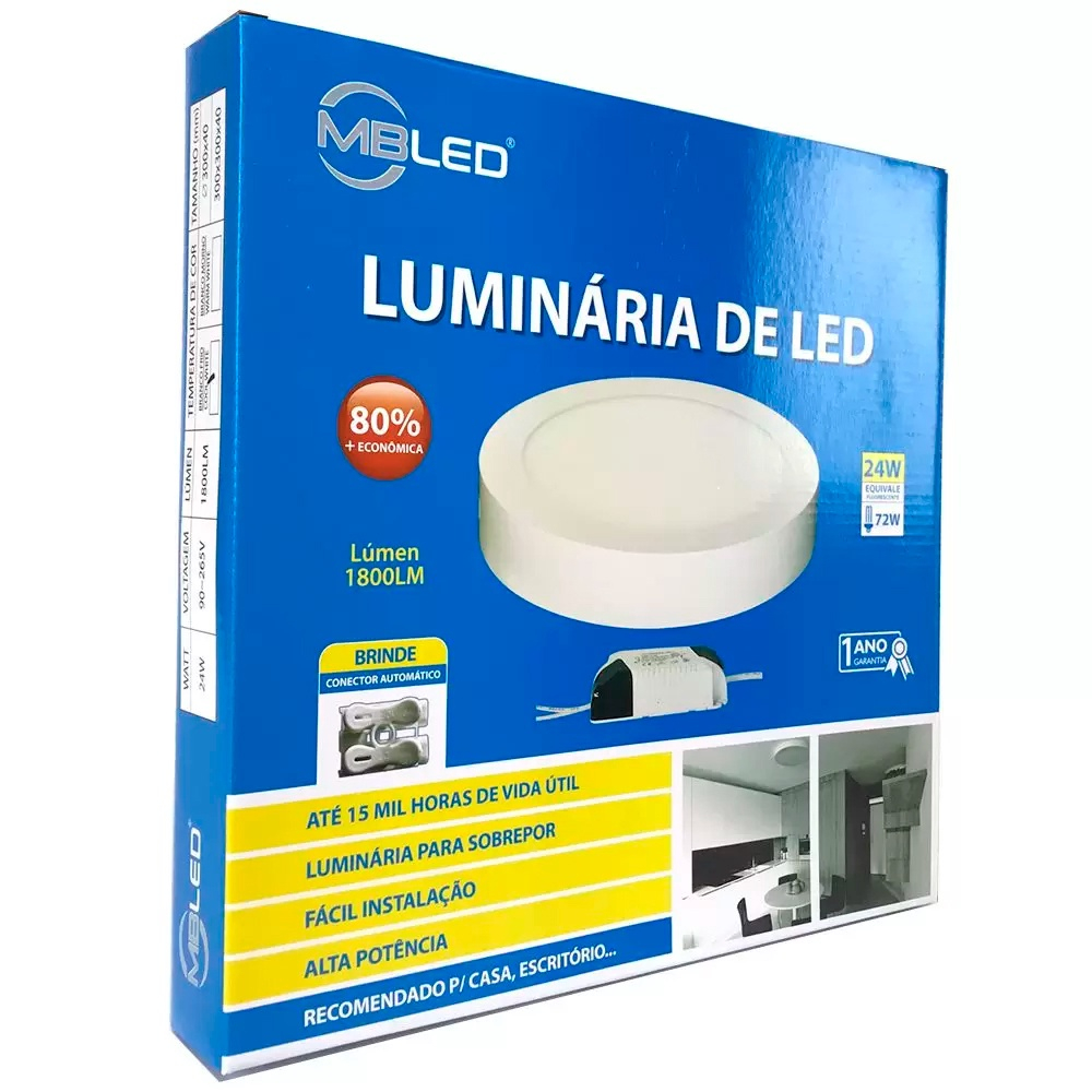 Luminária Led Painel Redonda Sobrepor 24w 6500K MBLed Submarino