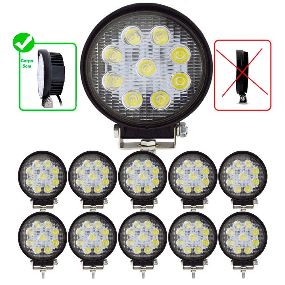 Kit 10 Farol Milha Led Redondo 9 Leds 27w 12v 24v Auxiliar Off Road