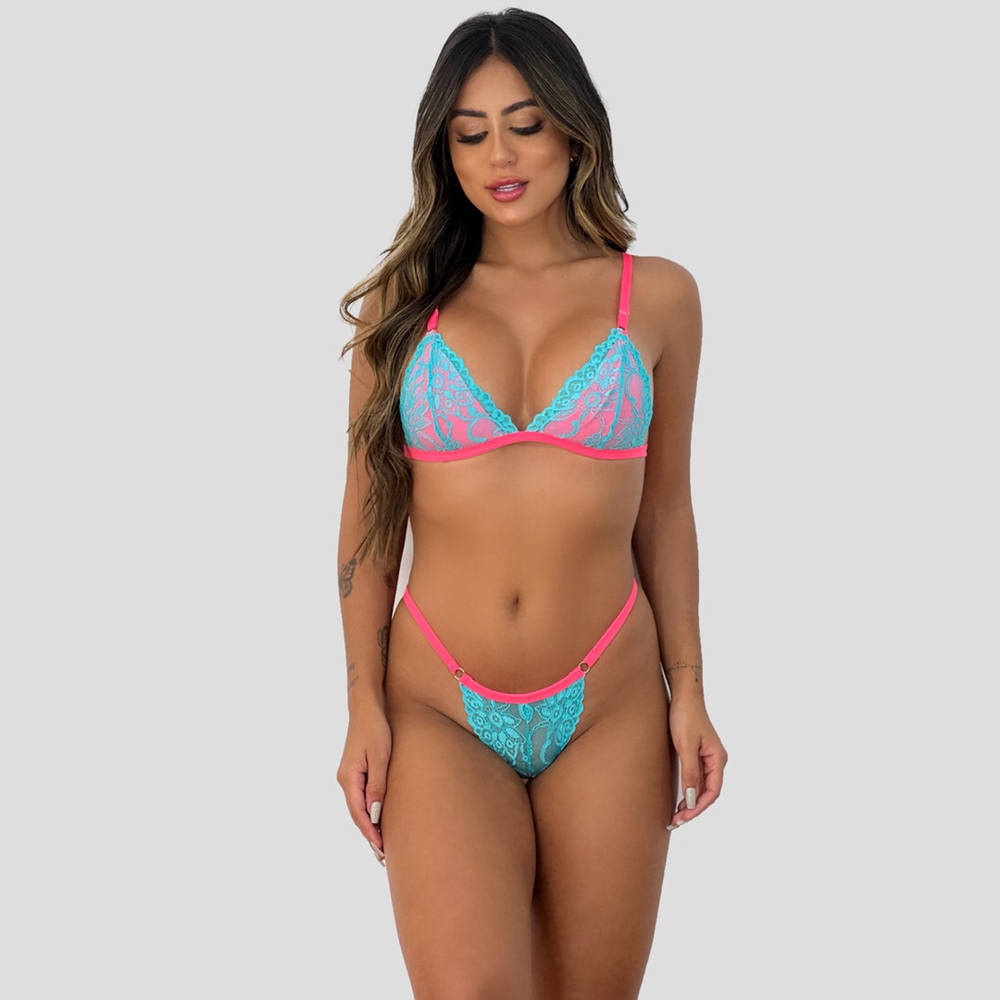 Conjunto Lingerie Sensual Rendado El Stico Neon Sem Bojo No Shoptime