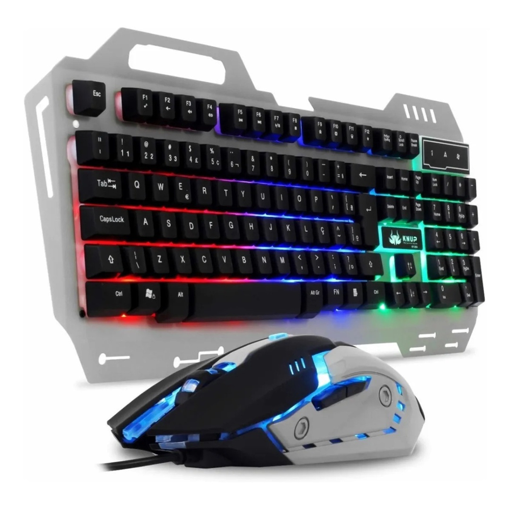 Conjunto Teclado Mouse Gamer Semi Mecânico Luz Led Knup KP 2054 Cinza