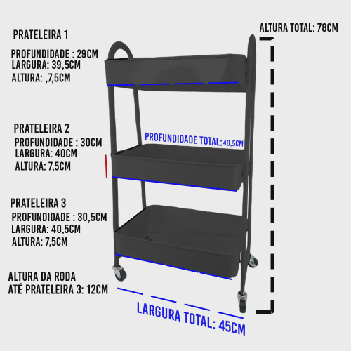 Carrinho Organizador Vazado Andares Ferro Multiuso Porta Volumes Rack