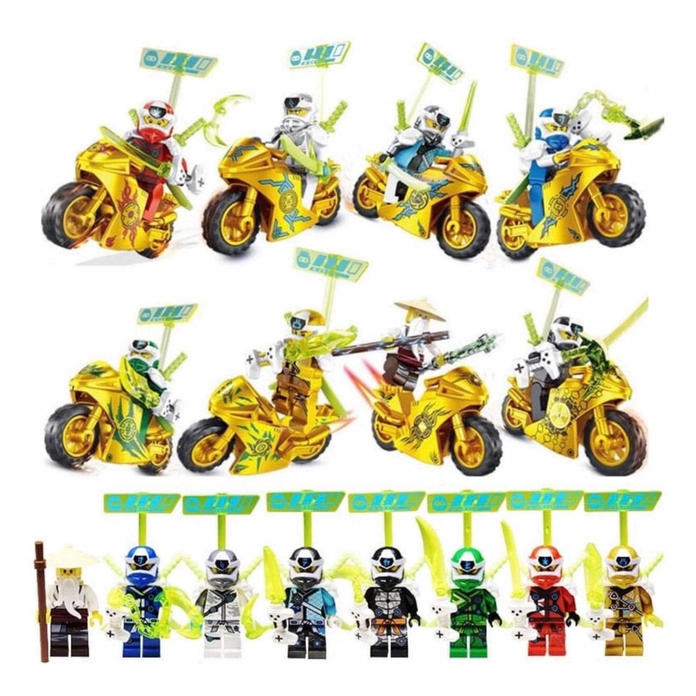 Bonecos Blocos De Montar Kit Ninjago Motos Douradas Lloyd Wu Submarino