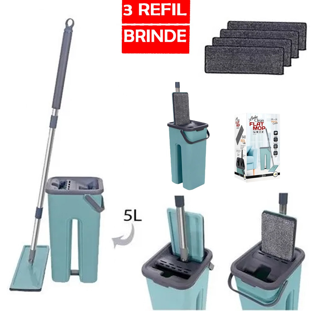 Esfregão flat mop rodo balde vassoura magica c 3 refil pano no Shoptime