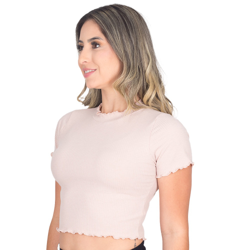 Cropped Canelado Feminino Manga Curta Gola Alta Liso Em Promo O Na