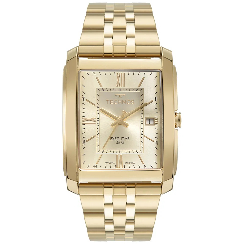 Relogio Technos Masculino dourado quadrado aço inox algarismo romano