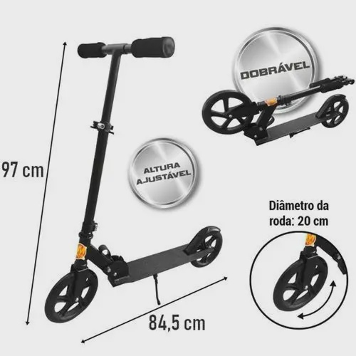 Patinete Adulto Juvenil Roda Grande 20cm Preto 2 Rodas 100kg Em