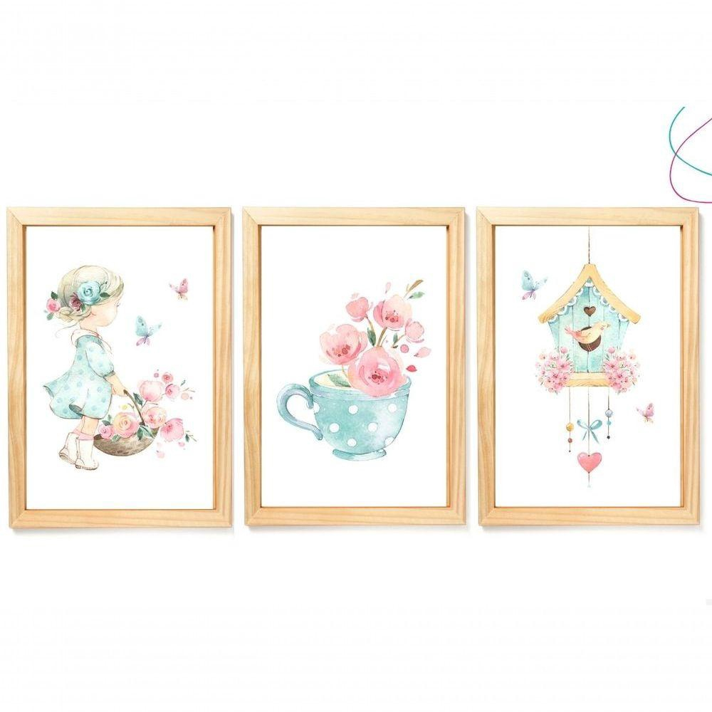 Kit 3 Quadros Menina Em Aquarela Flores Pinus No Shoptime