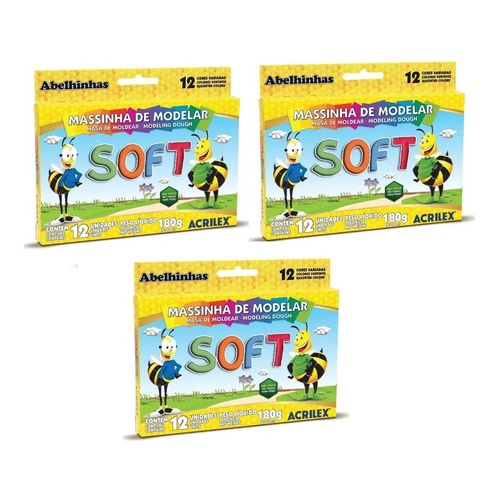 Kit De Massinha De Modelar Escolar Soft Acrilex 12 Cores 3 Caixas