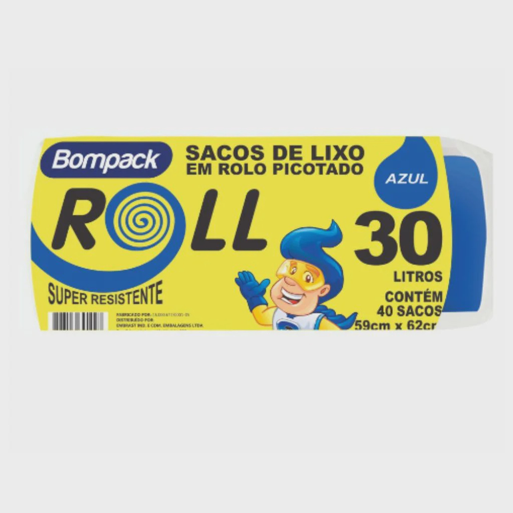 Saco De Lixo Em Rolo Picotado 30 Litros Bompack Azul 40 Unidades