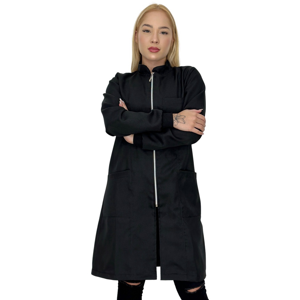 Jaleco Feminino Oxford Ziper Preto Gola Padre Punho Acinturado