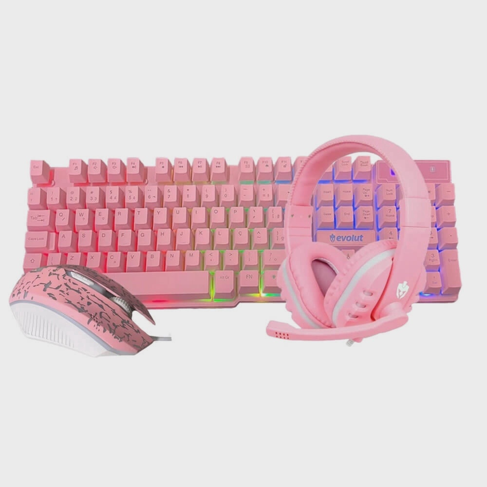 Kit Gamer Rosa Teclado Mouse Headset Starter Eg Evolut Em Promo O