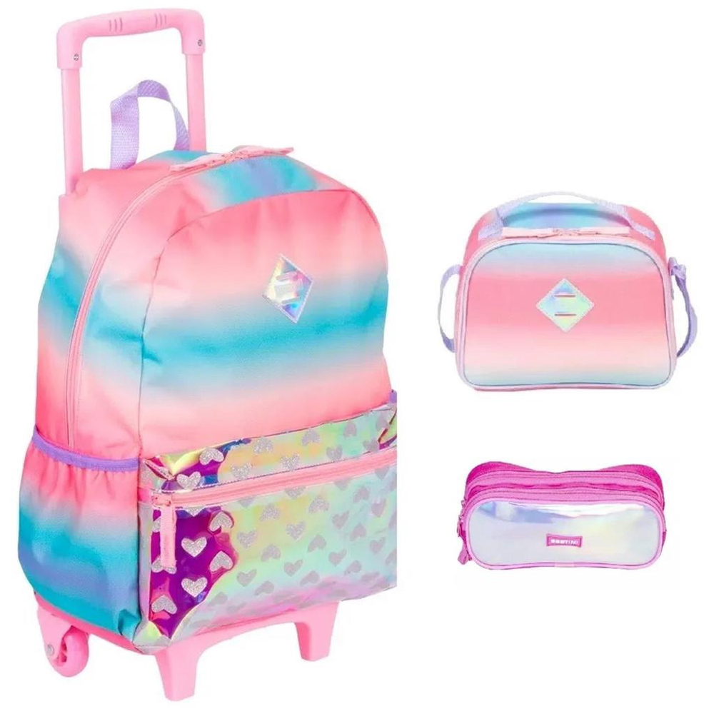 Kit Mochila Escolar Arco Ris Infantil Juvenil Rodinhas Tam G Lancheira