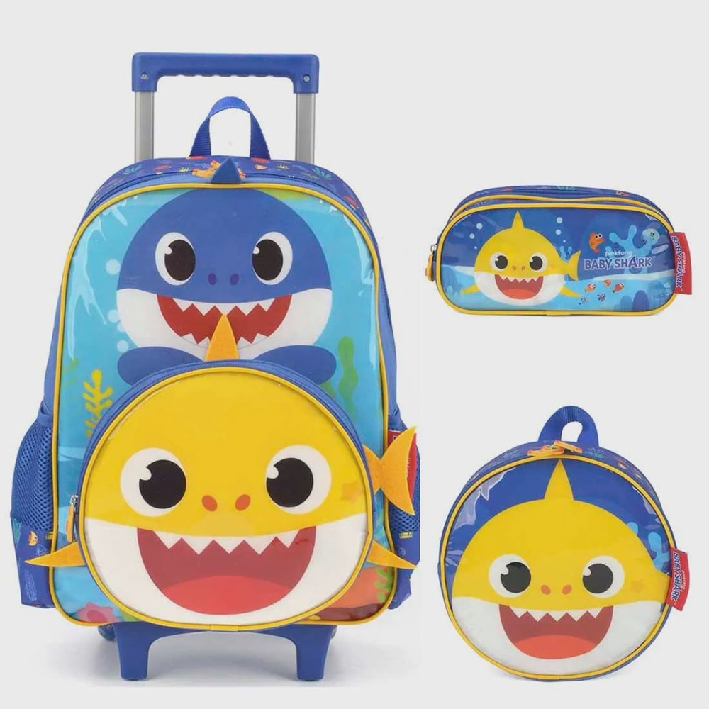 Mochila Infantil Rodinhas Baby Shark Lancheira E Estojo Azul Escuro