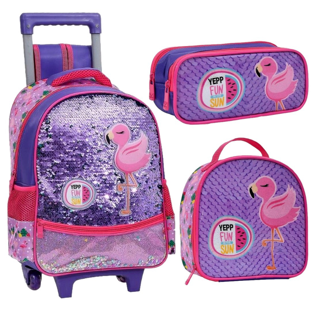 Kit mochila infantil rodinha flamingo c paetê 3 pçs meninas crianças 2