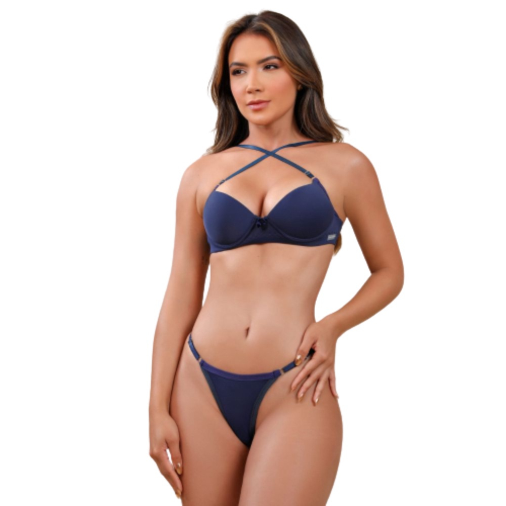 Lingerie M Azul Escuro Calcinha Fio e Sutiã em X na Frente em Promoção