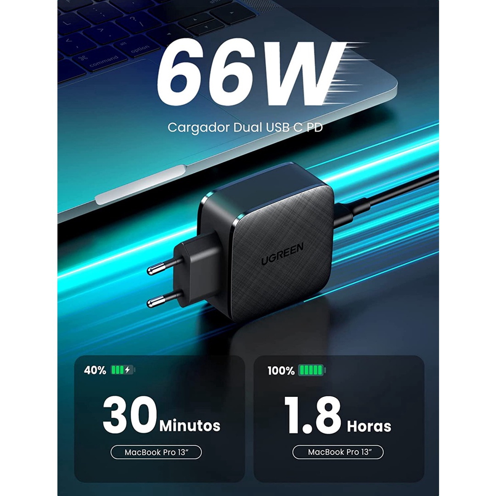 Carregador ugreen 66W pd GaN 2 USB C Rápido Compatível 65w 45w