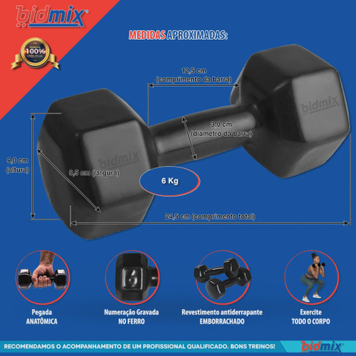 2 Halteres Sextavados Emborrachados 6 Kg Cada Dumbbell Par Pesos Kit