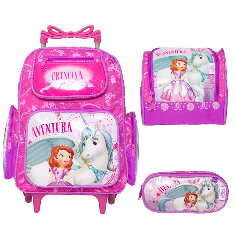 Kit Escolar Infantil Mochila De Rodinhas Princesa Sofia Rosa Na