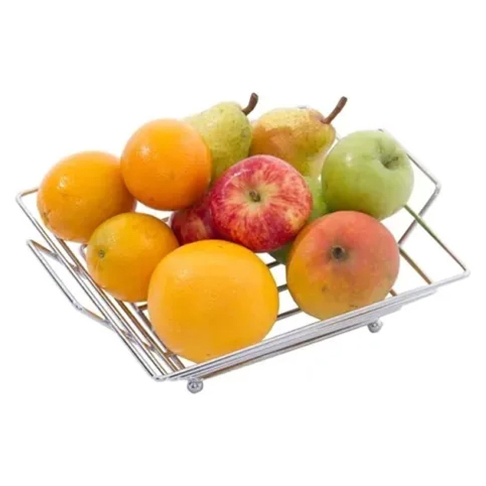 Fruteira De Mesa Quadrada Cromada Organizador De Frutas Bancada Moderna