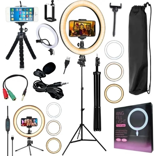 Kit Youtuber Profissional Microfone De Lapela Tripé Pedestal Ring Light Iluminador Luz Anel Led Flash 26cm 10 Polegadas Suporte Celular Smartphone Iphone Android Universal Nas Americanas