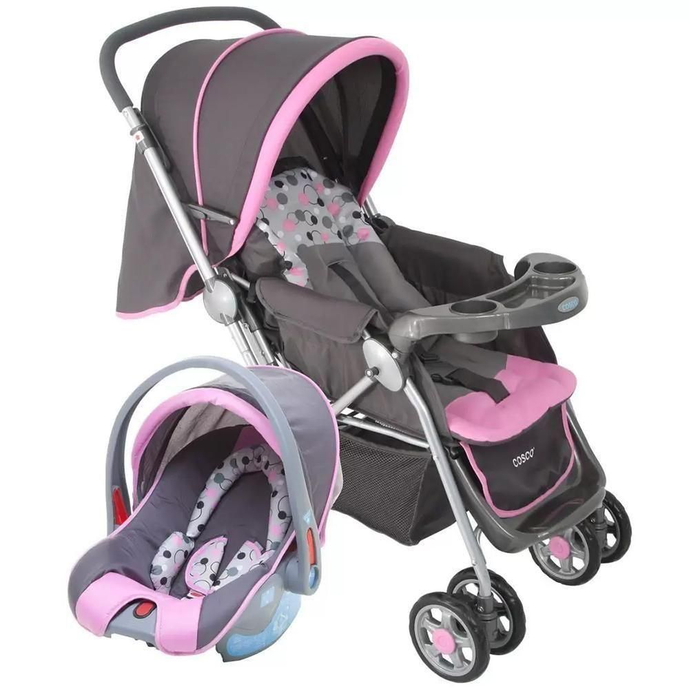 Carrinho de Bebê Travel System Reverse Rosa com Bebê Conforto Cosco