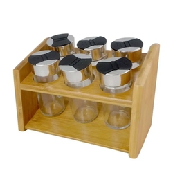 Jogo de 6 porta condimentos em vidro com suporte de bambu 20X12X14Cm - Dynasty Menor preço em Jogo de 6 porta condimentos em vidro com suporte de bambu 20X12X14Cm - Dynasty