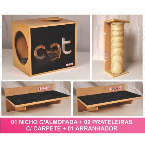 Menor preço em Kit Nicho Gatos 05 pcs - 01 Nichos + 01 Almofada + 02 Prateleiras + 01 Arranhador - Frente Preta