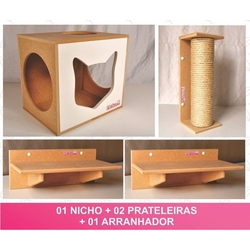 Kit Nicho Gatos 04 pcs - 01 Nicho + 02 Prateleiras + 01 Arranhador - Frente Branca Menor preço em Kit Nicho Gatos 04 pcs - 01 Nicho + 02 Prateleiras + 01 Arranhador - Frente Branca