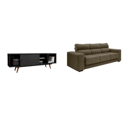 Conjunto de Sofá 3 Lugares Retrátil Fluence Suede Cinza Mojave com Rack Retrô Goslar Preto 160 cm Menor preço em Conjunto de Sofá 3 Lugares Retrátil Fluence Suede Cinza Mojave com Rack Retrô Goslar Preto 160 cm