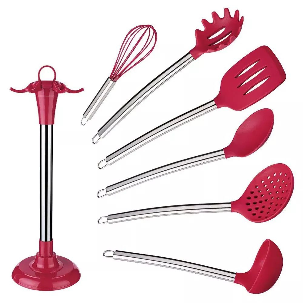 [40% de Cashback] Conjunto de Utensílios de Cozinha Silicone 7 Peças Vermelho - Euro Home