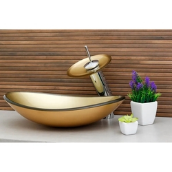 Kit Banheiro Cuba de Vidro Oval Dourada + Torneira Cascata + Válvula Click Menor preço em Kit Banheiro Cuba de Vidro Oval Dourada + Torneira Cascata + Válvula Click