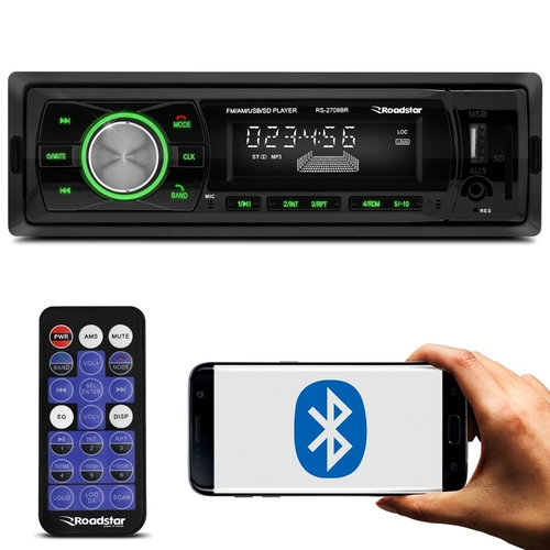 MP3 Player Automotivo Roadstar RS-2709BR 1 Din LCD Bluetooth USB Micro SD Auxiliar P2 Rádio AM e FM Menor preço em MP3 Player Automotivo Roadstar RS-2709BR 1 Din LCD Bluetooth USB Micro SD Auxiliar P2 Rádio AM e FM