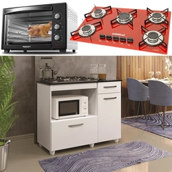 Menor preço em Kit Balcão Branco Com Forno 48 Litros 110v e Fogão 5 Bocas Vermelho