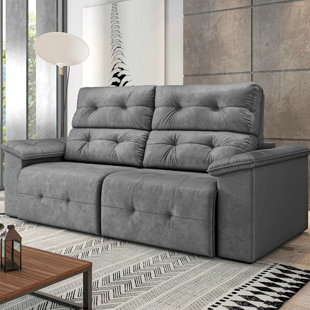 Sofá 3 Lugares Retrátil Reclinável Barcelona Suede Cinza em Promoção