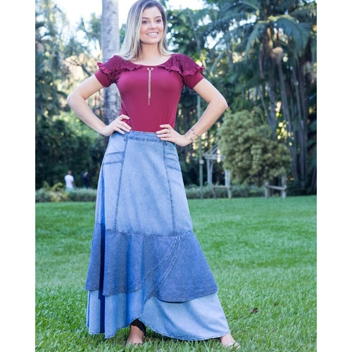 saia longa jeans plus size