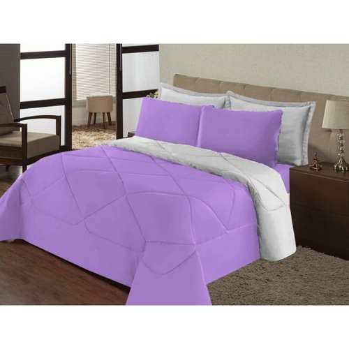 Kit Edredom Dupla Face Ternura Casal Queen 6 Pecas Lilas Branco