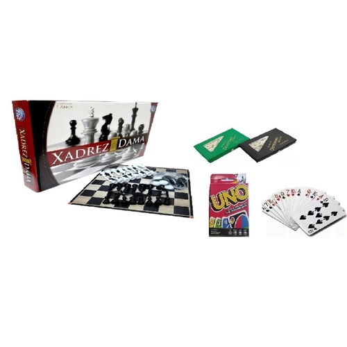 Leve Um Kit C/ 2 Super Jogos 1 UNO + 1 Jogo Completo Tabuleiro de Xadrez  Para Jogar Toda Família