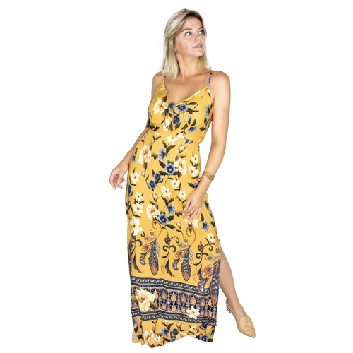 vestido amarelo estampado longo