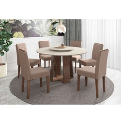 Conjunto de Mesa de Jantar com Tampo Giratório Isabela e 6 Cadeiras Ana Veludo Off White e Marrom Menor preço em Conjunto de Mesa de Jantar com Tampo Giratório Isabela e 6 Cadeiras Ana Veludo Off White e Marrom
