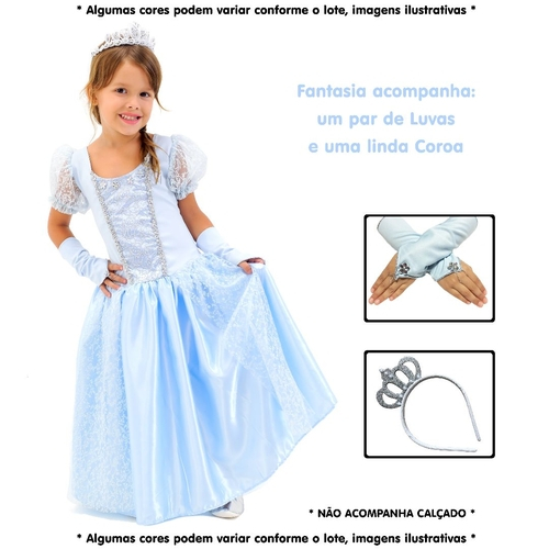 Fantasia Vestido Infantil Princesa Cinderela + Luvas + Coroa