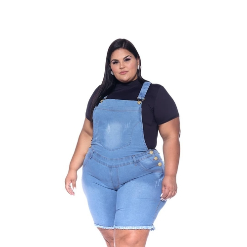 jardineira jeans curta plus size