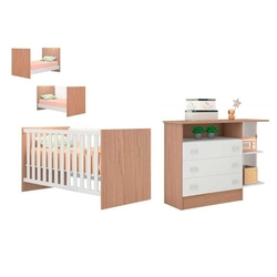 Menor preço em Quarto Infantil Berço Mini Cama Americano e Cômoda 3 gavetas com Cantoneira - Branco / Carvalho