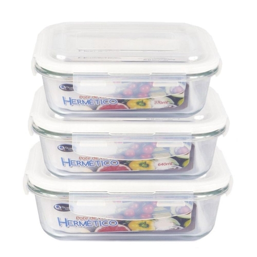 Kit 3 Potes De Vidro Hermético Retangular 370ml 640ml 1040ml Menor preço em Kit 3 Potes De Vidro Hermético Retangular 370ml 640ml 1040ml