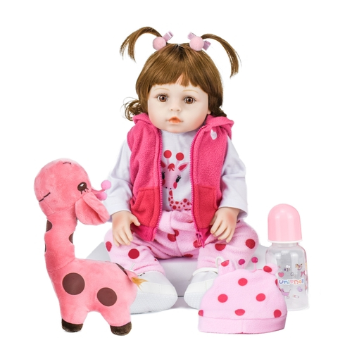 Boneca Bebê Reborn Menina Nicole Girafinha 10 acessórios - Pano e Vinil SoftTouch - 48 cm