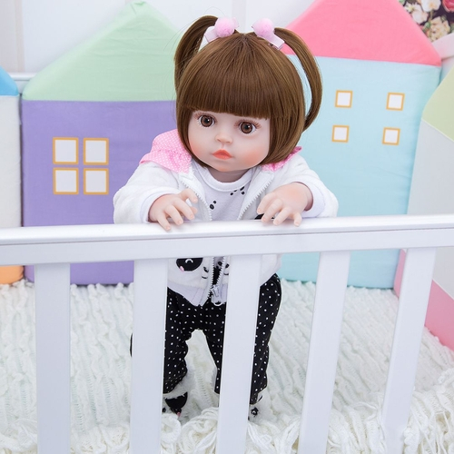 Bebê Boneca Reborn Roupa Panda Olhos Azuis 48cm