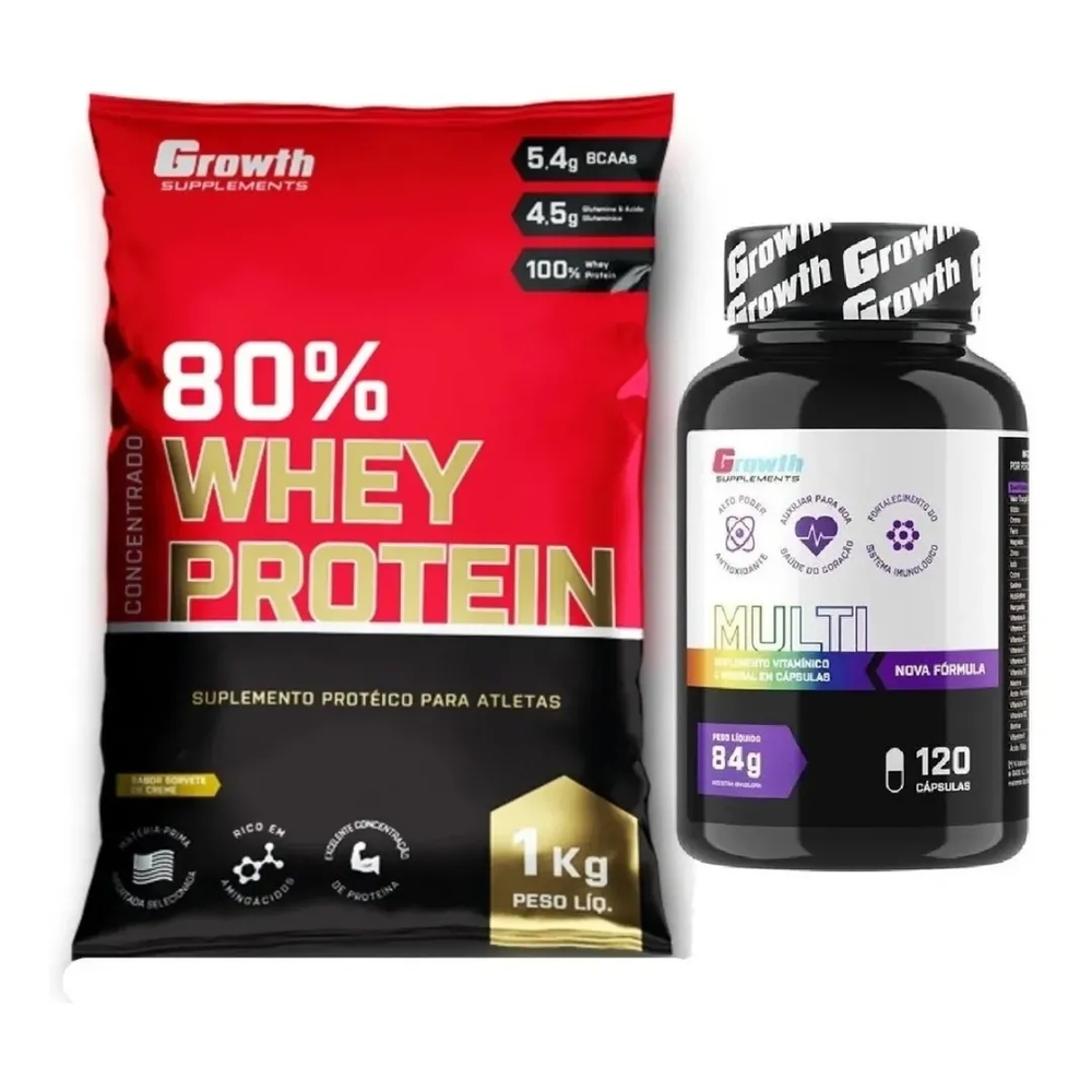 Whey Protein 1kg + Multivitamínico 120 Caps Growth em Promoção