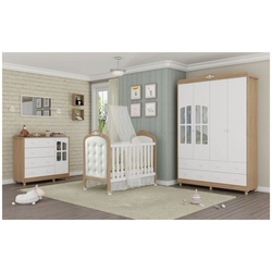 Quarto Bebê Completo com Berço Capitonê Guarda Roupa e Cômoda Elô Brilho/Carvalho Peroba Menor preço em Quarto Bebê Completo com Berço Capitonê Guarda Roupa e Cômoda Elô Brilho/Carvalho Peroba