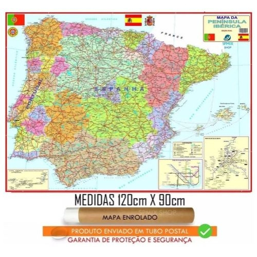 Mapa Portugal Espanha Ibérica 120x90cm Enrolado Frete R$ 20