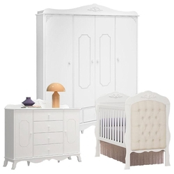 Quarto de Bebê Realeza 4 Portas Berço Branco Acetinado com Capitonê Bege - Canaã Menor preço em Quarto de Bebê Realeza 4 Portas Berço Branco Acetinado com Capitonê Bege - Canaã