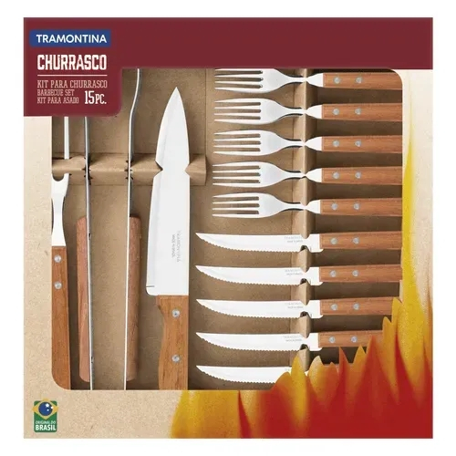 Jogo Garfo Faca e Pegador para Churrasco Inox Tramontina